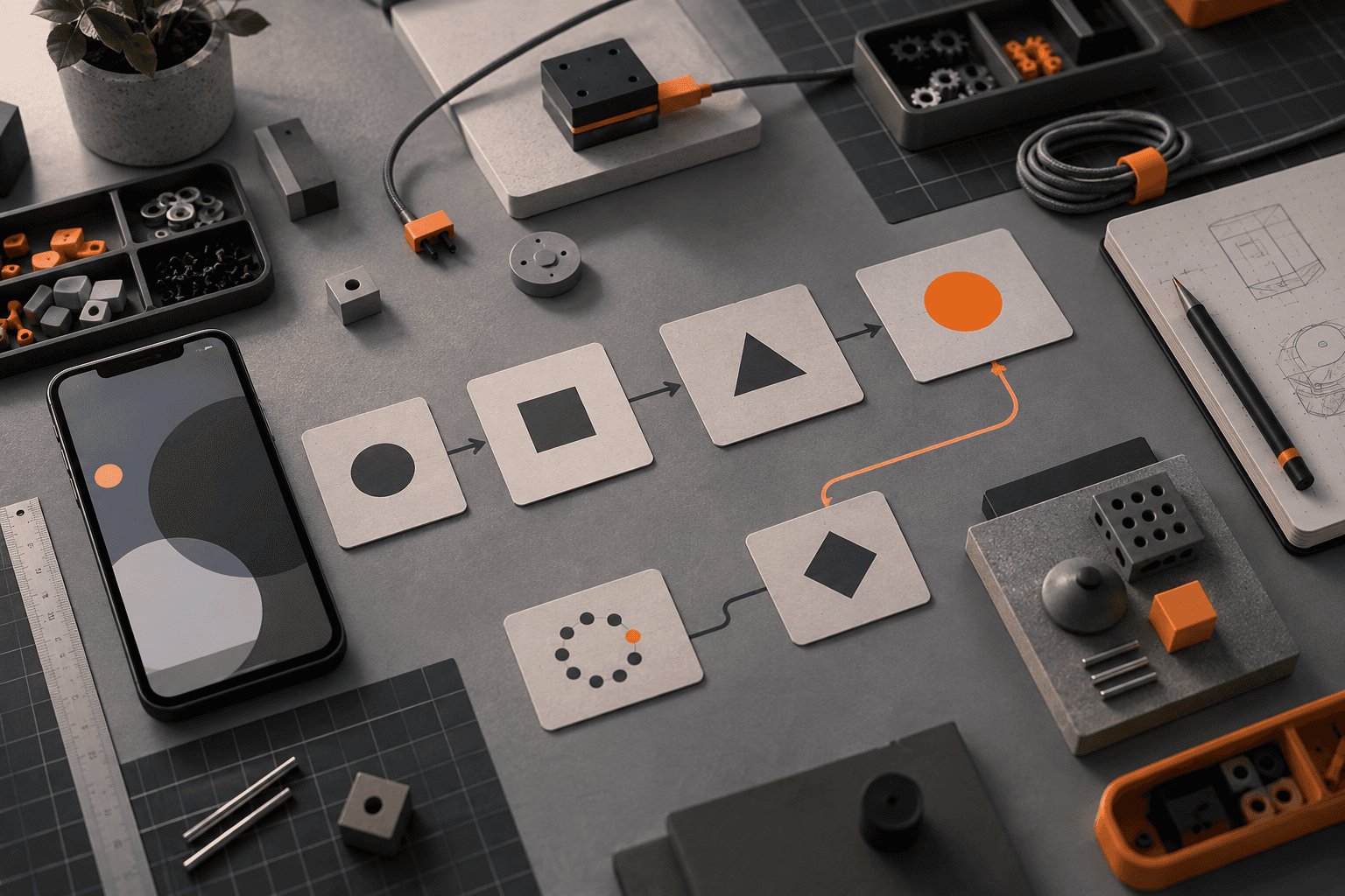 Mesa de trabajo con un prototipo tecnológico